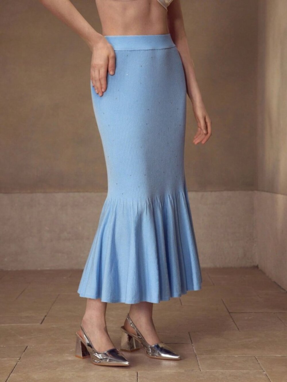 Sky Blue Ribbed Knit Mermaid Midi Skirt with Fluted Hem